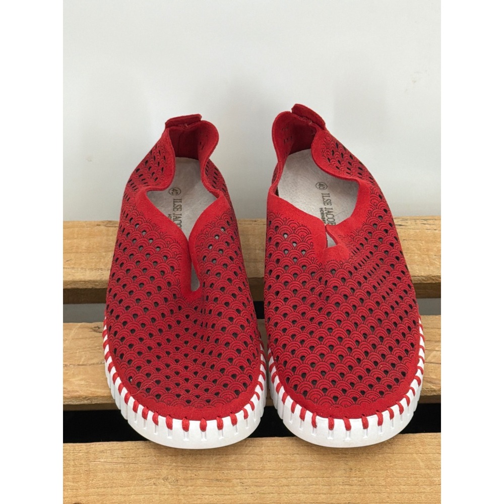 Ilse Jacobsen Tulip 139 Red Scalloped Perforated Slip On Loafers Size 40